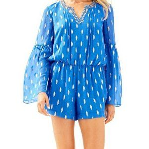 Lili Pulitzer Silk Romper Bennet Blue Diamond Metallic Clip XS